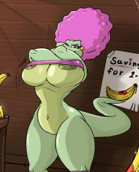 Rule 34 | 1girl, afro, banana, bottomless, breasts, cleavage, clothes lift, colored skin, curvy, donkey kong (series), donkey kong barrel blast, earrings, food, fruit, furry, furry female, green skin, jewelry, kalypso, large breasts, navel, nintendo, nipples, purple hair, red eyes, reptile girl, shiny skin, shinysteel, shirt lift, smile, tail, thick thighs, thighs, underboob, undressing, wide hips