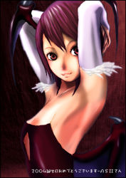 Rule 34 | 1girl, armpits, arms behind head, bare shoulders, capcom, demon girl, detached sleeves, flat chest, head wings, lilith aensland, nakamura yukitoshi, parted lips, red eyes, short hair, smile, solo, vampire (game), wings
