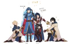 Rule 34 | 1girl, 3boys, ^ ^, alcryst (fire emblem), armor, black footwear, black hair, blonde hair, blue cape, blue dress, blue hair, blue jacket, blue pants, boots, breastplate, brown gloves, cape, character name, character request, closed eyes, dress, facing viewer, fire emblem, fire emblem: shadow dragon and the blade of light, fire emblem engage, fire emblem heroes, gloves, grin, highres, jacket, marth (fire emblem), multiple boys, nintendo, pants, red vest, robe, shirt, short sleeves, shoulder armor, sierra117renner, simple background, smile, tiara, vest, white background, white robe, white shirt