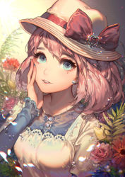 Rule 34 | 10s, 1girl, artist name, blue eyes, blue nails, blush, bow, breasts, buttons, character name, creatures (company), earrings, eyelashes, floral background, flower, game freak, hand on own cheek, hand on own face, hat, hat bow, hat ribbon, heart, heart earrings, jewelry, kawacy, lace, lace-trimmed sleeves, lace trim, layered sleeves, leaf, lens flare, light, long sleeves, looking at viewer, mole, mole under eye, nail polish, nintendo, parted lips, pink flower, pink hair, pink lips, pokemon, pokemon bw2, red bow, red flower, red ribbon, ribbon, short over long sleeves, short sleeves, smile, solo, sparkle, upper body, water drop, yancy (pokemon)