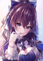 Rule 34 | 1girl, aho, ahoge, blue bow, blue eyes, blue gemstone, blush, bow, bowtie, breasts, brooch, cleavage, earrings, frilled sleeves, frills, gem, glint, gloves, gradient background, grey background, hair bow, highres, ichinose shiki, idolmaster, idolmaster cinderella girls, jewelry, lace trim, long hair, long sleeves, looking at viewer, magako, medium breasts, parted lips, pink lips, ponytail, purple hair, removing glove, ruhika, solo, upper body, wavy hair, white bow, white bowtie, white gloves