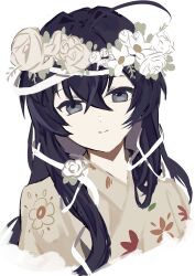 Rule 34 | 1girl, absurdres, ahoge, black eyes, blue hair, bungou stray dogs, closed mouth, commentary request, flower, head wreath, highres, izumi kyouka (bungou stray dogs), japanese clothes, jellyfish sz, kimono, long hair, looking at viewer, simple background, smile, solo, upper body, white background, white flower, white kimono