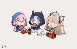 Rule 34 | 3girls, arknights, beanie, black headwear, blue eyes, blue hair, blue jacket, blue poison (arknights), blush, brown hair, burger, chibi, closed mouth, commentary, cropped torso, cup, eating, english commentary, fan request, food, french fries, glaucus (arknights), grey background, hair between eyes, hat, holding, holding food, hood, hood up, hooded jacket, indigo (arknights), jacket, light blue hair, long hair, long sleeves, low twintails, multiple girls, open mouth, pink hair, pointy ears, ruri (dailybloopy), short hair, sidelocks, simple background, twintails, upper body, wcdonald&#039;s