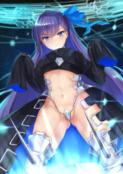 Rule 34 | 10s, 1girl, blue eyes, closed mouth, crotch plate, fate/extra, fate/extra ccc, fate (series), flat chest, hands up, highres, maebari, meltryllis (fate), navel, partially visible vulva, purple hair, revealing clothes, ribbon, solo, tagme, thighs, yuemanhuaikong