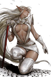 Rule 34 | 1girl, boots, breasts, breasts apart, circlet, dark-skinned female, dark elf, dark skin, elf, female focus, gloves, highres, holding, holding sword, holding weapon, long hair, long pointy ears, looking away, looking to the side, navel, on one knee, panties, pantyshot, pirotess, pointy ears, record of lodoss war, solo, sword, tahra, thigh boots, thighhighs, underwear, very long hair, weapon, white gloves, white hair, white thighhighs
