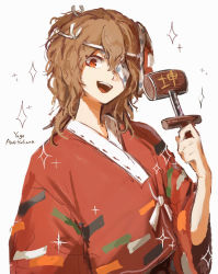 Rule 34 | 1other, ametsukana yago, androgynous, bandage over one eye, brown hair, character name, commentary request, hemo (hemoroda), holding, holding mallet, japanese clothes, kimono, len&#039;en, mallet, mask, mask on head, medium hair, open mouth, orange eyes, red kimono, simple background, smile, solo, sparkle, translation request, upper body, white background
