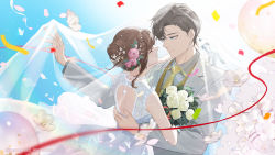 Rule 34 | 1boy, 1girl, absurdres, artem wing (tears of themis), artist name, backless dress, backless outfit, blue eyes, blue sky, bouquet, bridal veil, brown hair, closed eyes, closed mouth, cloud, cloudy sky, collared shirt, confetti, dress, flower, formal, hair bun, hair flower, hair ornament, highres, holding, holding bouquet, jacket, long hair, long sleeves, mumu123, necktie, outdoors, pink flower, pink rose, rosa (tears of themis), rose, shirt, single hair bun, sky, sleeveless, sleeveless dress, smile, tears of themis, veil, wedding, wedding dress, white dress, white flower, white jacket, white rose, white shirt, yellow necktie