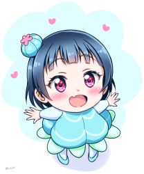 Rule 34 | 1girl, :d, absurdres, aged down, blue dress, blue footwear, blue hair, blush, bun cover, child, ckst, commentary request, dress, fang, heart, highres, jellyfish costume, long sleeves, looking up, love live!, love live! school idol festival, love live! sunshine!!, open mouth, outstretched arms, purple eyes, shoes, short hair, skin fang, smile, solo, spread arms, standing, tsushima yoshiko, twitter username