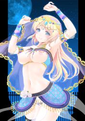 Rule 34 | 10s, 1girl, adapted costume, arabian clothes, armpits, ayase eli, bare shoulders, blonde hair, breastless clothes, breasts, crotchless, crotchless panties, dancer, dancing, frapowa, harem outfit, large breasts, looking at viewer, love live!, love live! school idol festival, love live! school idol project, moon, navel, night, night sky, nipples, panties, revealing clothes, sky, solo, sparkle, star (sky), starry sky, underwear, veil