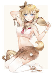 Rule 34 | 1girl, absurdres, adapted costume, animal ears, arm up, armpits, blonde hair, blue eyes, blush, breasts, bubba (watson amelia), capelet, choker, clock, crop top, dog, dog ears, dog tail, hair ribbon, hat, highres, holding, holding clothes, holding hat, hololive, hololive english, kneeling, leg ribbon, looking at viewer, medium breasts, midriff, miniskirt, navel, necktie, one side up, open mouth, pleated skirt, red necktie, ribbon, sailor collar, short hair, short necktie, sideboob, simple background, skirt, smile, solo, tail, thighhighs, unworn hat, unworn headwear, virtual youtuber, watson amelia, white thighhighs, wristband, yukineko1018