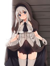 Rule 34 | 1girl, blue eyes, blush, breasts, clothes lift, collarbone, covered erect nipples, covered navel, cowboy shot, dress, eno zamperini (panzer waltz), eyebrows, frilled sleeves, frills, gloves, grey hair, habit, holding, holding clothes, holding skirt, large breasts, long hair, looking at viewer, panzer waltz, parted lips, puffy short sleeves, puffy sleeves, see-through, short hair, short sleeves, showgirl skirt, sidelocks, skirt, skirt lift, solo, standing, tama (tamatamo), thighhighs, very long hair, white gloves, white hair, white thighhighs, zettai ryouiki