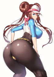 Rule 34 | 1girl, ass, black pantyhose, blue eyes, bow, breasts, creatures (company), curvy, double bun, from behind, game freak, hair bow, hair bun, hand on own hip, hand on own thigh, hand on thigh, hip focus, huge ass, large breasts, leaning forward, legs, long hair, nagase haruhito, nintendo, pantyhose, pantyhose under shorts, pink bow, pokemon, pokemon bw2, raglan sleeves, rosa (pokemon), short shorts, shorts, simple background, skin tight, solo, thick thighs, thighs, visor cap, white background, wide hips, yellow shorts