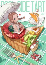 Rule 34 | 1girl, bangs pinned back, bare legs, barefoot, blue eyes, bow, braid, breasts, brown hair, cherico, closed mouth, commentary, cross-laced clothes, cross-laced dress, dress swimsuit, english text, food, fork, from above, fruit, hair bow, heart, highres, holding, holding umbrella, innertube, kiwi (fruit), kiwi slice, knee up, lemon, lemon slice, long hair, looking at viewer, looking back, medium breasts, nail polish, orange (fruit), orange slice, original, oversized food, oversized object, parasol, partially submerged, pearl anklet, red nails, rubber duck, sandals, signature, simple background, sitting, solo, star (symbol), strawberry, swim ring, swimsuit, tile floor, tiles, toenails, twin braids, twintails, umbrella, unworn sandals, water, white background, white bow