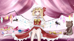 Rule 34 | 1girl, 72mikan 1687, absurdres, back bow, bow, closed mouth, crystal, feet out of frame, flandre day, flandre scarlet, frilled shirt collar, frilled skirt, frilled sleeves, frills, glowing, glowing wings, hair between eyes, hat, hat ribbon, high heels, highres, long hair, looking at viewer, mob cap, multicolored wings, pink background, puffy short sleeves, puffy sleeves, red eyes, red ribbon, red skirt, red vest, ribbon, shirt, short sleeves, side ponytail, sitting, skirt, smile, solo, stuffed animal, stuffed toy, teddy bear, touhou, vest, white bow, white hat, white shirt, wings