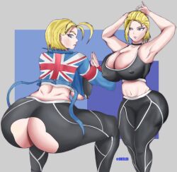 Rule 34 | 1girl, absurdres, armpits, arms up, ass, ass cutout, blonde hair, boeblob, breasts, cammy white, clothing cutout, covered erect nipples, highres, huge ass, huge breasts, jacket, long hair, solo, squatting, standing, street fighter, street fighter 6