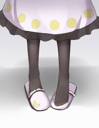 Rule 34 | 1girl, absurdres, black pantyhose, crescent, crescent moon print, dress, foot focus, frilled dress, frills, guming diban, highres, leg focus, lower body, luna child, moon print, pantyhose, shadow, simple background, slippers, solo, standing, touhou, white dress