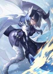 Rule 34 | 1girl, alchemy stars, armor, armored boots, black hair, blue eyes, bodysuit, boots, cape, dragon horn, dragon tail, highres, multicolored hair, sharona (alchemy stars), shoulder armor, sword, tail, weapon, white hair