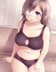 Rule 34 | 1girl, black bra, black panties, bra, breasts, brown hair, cleavage, cleavage cutout, clothing cutout, commentary request, couch, eyepatch, hand on own thigh, hand on thigh, highres, indoors, large breasts, looking at viewer, medical eyepatch, navel, neit ni sei, one eye covered, open mouth, original, panties, purple eyes, shadow, sitting, smile, solo, underwear, wallpaper (object)