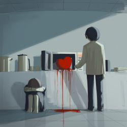 Rule 34 | 2boys, avogado6, barefoot, black hair, black pants, blood, brown hair, colored skin, curled up, facing away, heart, long sleeves, microwave, multiple boys, original, pants, pitcher (container), plate, shirt, sitting, white shirt, white skin