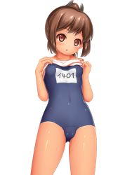 Rule 34 | 10s, 1girl, arisu kazumi, blush, breasts, brown eyes, brown hair, clothes lift, covered erect nipples, covered navel, highres, i-401 (kancolle), kantai collection, looking at viewer, name tag, navel, one-piece swimsuit, one-piece tan, ponytail, sailor collar, school swimsuit, school uniform, serafuku, shiny skin, shirt lift, short ponytail, small breasts, solo, swimsuit, swimsuit under clothes, tan, tanline, transparent background, water, wet, white background