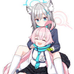 Rule 34 | 2girls, :d, ^ ^, adjusting scarf, animal ear fluff, animal ears, blazer, blue archive, blue eyes, blue scarf, closed eyes, collared shirt, commentary request, cross hair ornament, grey hair, hair between eyes, hair ornament, halo, hoshino (blue archive), id card, jacket, kneehighs, knees up, long hair, long sleeves, looking at another, lying, lying on person, medium hair, mismatched pupils, multiple girls, necktie, o (rakkasei), on back, open mouth, pink hair, plaid, plaid skirt, pleated skirt, scarf, school uniform, shiroko (blue archive), shirt, shoulder strap, sidelocks, simple background, sitting, skirt, smile, socks, spread legs, two-tone gloves, white background, white socks, wolf ears, wolf girl