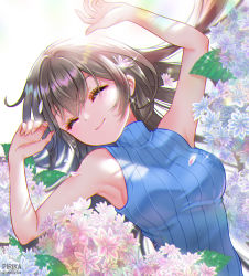 Rule 34 | 1girl, absurdres, armpits, artist name, black hair, breasts, chromatic aberration, closed eyes, commentary request, flower, genjitsu pirika, highres, hydrangea, long hair, lying, medium breasts, on back, original, partial commentary, ribbed sweater, sleeveless, sleeveless sweater, sleeveless turtleneck, smile, solo, sweater, turtleneck, turtleneck sweater, twitter username, upper body, watermark