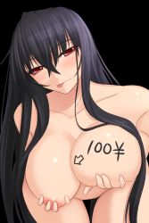 Rule 34 | 1girl, akitsuki karasu, black background, blue hair, blush, body writing, breast hold, breasts, female focus, highres, huge breasts, kurochijo, large breasts, long hair, looking at viewer, nipples, nude, original, red eyes, simple background, smile, solo, standing, tongue, tongue out, very long hair