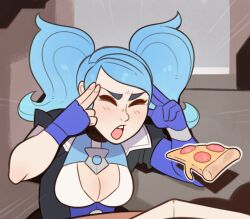 Rule 34 | 1girl, asymmetrical gloves, blue eyes, breasts, cleavage, cleavage cutout, closed eyes, clothing cutout, concentrating, elbow gloves, emphasis lines, evie (paladins), fingerless gloves, fingers to head, food, gloves, man levitating pizza (meme), medium breasts, meme, open mouth, paladins, pizza, pizza box, pizza slice, single elbow glove, single fingerless glove, solo, splashbrush, telekinesis, twintails, upper body