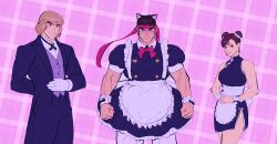 Rule 34 | 2boys, alternate costume, animal ears, apron, blonde hair, butler, capcom, carless (ppanic), cat ears, chun-li, enmaided, forked eyebrows, frown, highres, kemonomimi mode, ken masters, large pectorals, maid, maid apron, male focus, multiple boys, muscular, muscular male, pectorals, ryu (street fighter), short hair, sideburns, street fighter