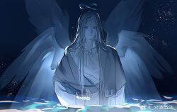 Rule 34 | 1boy, angel, angel wings, blue theme, chinese commentary, commentary request, dark, grey eyes, grey hair, highres, in water, infinity symbol, long hair, looking at viewer, lord of the mysteries, multiple wings, night, night sky, ouroboros (lord of the mysteries), robe, sketch, sky, solo, star (sky), starry sky, tianlihutong, water, weibo logo, weibo watermark, white robe, wings