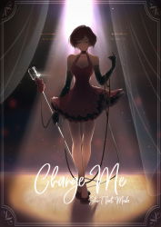Rule 34 | 1girl, absurdres, backlighting, bare shoulders, black gloves, border, breasts, brown hair, cable, change me (vocaloid), character name, cleavage, crossed legs, curtains, dress, elbow gloves, facing viewer, full body, glint, gloves, halter dress, halterneck, high heels, highres, holding, medium breasts, meiko (vocaloid), microphone stand, project diva (series), red dress, scarlet (module), short hair, sleeveless, sleeveless dress, solo, song name, stage, stage lights, standing, thigh gap, vocaloid, yen-mi
