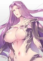 Rule 34 | 1girl, areola slip, breasts, fate/grand order, fate (series), forehead, gorgon (fate), large breasts, long hair, looking at viewer, medusa (fate), midriff, navel, purple eyes, purple hair, redrop, rider, simple background, solo, upper body, white background