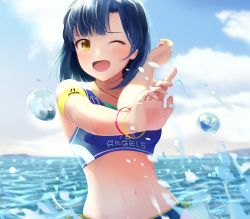 Rule 34 | 1girl, bangle, bikini, blue hair, blurry, blush, bracelet, cloud, cloudy sky, commentary request, day, depth of field, highres, hinoshita akame, idolmaster, idolmaster million live!, idolmaster million live! theater days, jewelry, nanao yuriko, navel, ocean, one eye closed, open mouth, outdoors, short hair, sky, solo, splashing, swimsuit, upper body, water, wet, yellow eyes