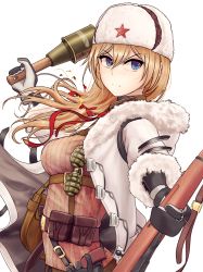 Rule 34 | &gt;:(, 1girl, ammunition pouch, averting eyes, bad id, bad pixiv id, bag, belt, belt buckle, belt pouch, blonde hair, blue eyes, bolt action, breasts, brown belt, buckle, closed mouth, coat, commentary, commentary request, explosive, fragmentation grenade, fur collar, fur hat, fur trim, girls&#039; frontline, gloves, grenade, grenade pin, gun, gun sling, hair between eyes, hair tie, hand grenade, handgun, hat, highres, holding, holding grenade, holding weapon, holster, holstered, hood, hood down, hooded coat, jacket, load bearing equipment, long hair, looking to the side, mk 2 grenade, mod3 (girls&#039; frontline), mosin-nagant, mosin-nagant (girls&#039; frontline), mosin-nagant (mod3) (girls&#039; frontline), multiple straps, necktie, open clothes, open coat, pouch, red necktie, red star, revolver, ribbed sweater, rifle, satchel, side ponytail, sidelocks, solo, star (symbol), stick grenade, stielhandgranate, sweater, turisasu, ushanka, weapon, white coat, white hat