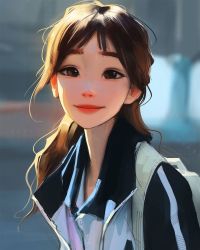 Rule 34 | 1girl, backpack, bag, blurry, blurry background, brown eyes, brown hair, closed mouth, day, highres, lips, long hair, looking at viewer, sam yang, smile, solo, wavy hair