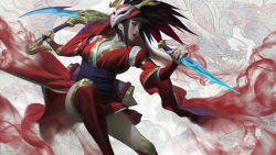 Rule 34 | 1girl, absurdres, action, akali, akali (legacy), alternate costume, antlers, arm guards, black hair, blood moon akali, blunt bangs, breasts, commentary, dragon, dual wielding, eastern dragon, english commentary, eyeliner, feet out of frame, highres, holding, holding sword, holding weapon, horns, japanese clothes, jumping, kama (weapon), kimono, league of legends, lips, long hair, long sleeves, looking away, makeup, mask, mask on head, multicolored hair, obi, parted lips, profile, red hair, red kimono, red lips, red thighhighs, reverse grip, ribbon-trimmed sleeves, ribbon trim, sash, short kimono, short sword, sickle, sidelocks, smoke, solo, streaked hair, sword, thighhighs, weapon, white background, wide sleeves, zeenchin