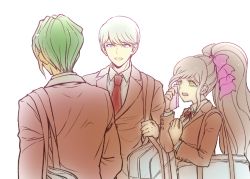 Rule 34 | 1girl, 2boys, bag, blazer, bow, brown jacket, collared shirt, commentary request, danganronpa (series), danganronpa 3 (anime), formal, green eyes, green hair, hair bow, high ponytail, holding, hope&#039;s peak academy school uniform, jacket, long hair, long sleeves, looking at another, multiple boys, munakata kyousuke, neck ribbon, necktie, open mouth, pink bow, ponytail, red ribbon, ribbon, sakakura juuzou, school uniform, shirt, short hair, shoulder bag, simple background, smile, upper body, white background, youko-shima, yukizome chisa