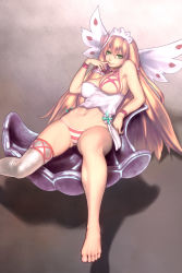 Rule 34 | 1girl, barefoot, blonde hair, envenomist (gengoroumaru), feet, finger to mouth, green eyes, headdress, highres, long legs, lucent heart, navel, panties, single thighhigh, sitting, smile, striped clothes, striped panties, thighhighs, underwear, wings, wristband