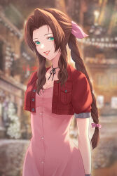 Rule 34 | 1girl, aerith gainsborough, blurry, blurry background, braid, braided ponytail, brown hair, buttons, commentary request, cropped jacket, dress, final fantasy, final fantasy vii, forehead, green eyes, hair ribbon, jacket, kiryuu sara (artist), lips, long hair, looking at viewer, open clothes, open jacket, parted bangs, parted lips, pink dress, pink lips, pink ribbon, pocket, red jacket, ribbon, short sleeves, sidelocks, signature, solo, wavy hair
