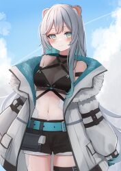 Rule 34 | 1girl, animal ear piercing, animal ears, aone ioru, aqua belt, aqua coat, aqua eyes, aqua hair, bare shoulders, belt, belt buckle, black shorts, blush, bodystocking, breasts, buckle, closed mouth, coat, colored inner hair, commentary request, commission, cowboy shot, day, gradient hair, grey coat, grey hair, hamster ears, hamster girl, highres, indie virtual youtuber, light smile, long hair, long sleeves, looking at viewer, medium breasts, midriff, multicolored hair, navel, off shoulder, open clothes, open coat, puffy long sleeves, puffy sleeves, second-party source, shorts, sidelocks, skeb commission, sleeves past fingers, sleeves past wrists, solo, standing, sunlight, tanshio, two-sided coat, two-sided fabric, two-tone hair, very long hair, virtual youtuber