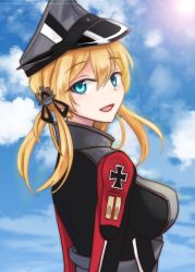 Rule 34 | 10s, 1girl, :d, anchor hair ornament, aqua eyes, arms behind back, blonde hair, blue eyes, blue sky, blush, breasts, cross, day, hair ornament, hat, iron cross, kantai collection, lens flare, looking at viewer, looking back, medium breasts, military, military hat, military uniform, namida 33, open mouth, peaked cap, prinz eugen (kancolle), sky, smile, solo, standing, tongue, twintails, uniform, upper body