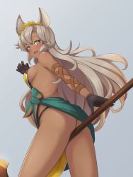 Rule 34 | 1girl, :d, alfort (may0508), animal ears, ass, bare shoulders, between legs, black gloves, black panties, blush, breasts, commentary request, dark-skinned female, dark skin, from side, gloves, granblue fantasy, green eyes, grey background, grey hair, highres, leaning forward, long hair, looking at viewer, looking to the side, medium breasts, nemone, open mouth, panties, revealing clothes, sideboob, simple background, smile, solo, thighs, underwear, very long hair