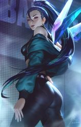 Rule 34 | 1girl, ass, bare shoulders, black hair, cowboy shot, earrings, from behind, hair between eyes, halterneck, halterneck, high ponytail, highres, jacket, jewelry, k/da (league of legends), kai&#039;sa, league of legends, leather, leather pants, lips, long hair, looking at viewer, off-shoulder jacket, off shoulder, open clothes, open jacket, pants, ponytail, purple eyes, raikoart, signature, solo, the baddest kai&#039;sa