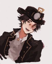 Rule 34 | 1boy, ascot, black hat, brown eyes, glasses, hat, highres, huge filesize, identity v, male focus, norton campbell, official alternate costume, short hair, simple background, solo, white ascot, white background, yochitititi