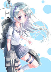 Rule 34 | 1girl, blue skirt, bow, cannon, carrying, closed mouth, collarbone, commentary request, cowboy shot, dotted background, floating hair, hair bow, hairband, highres, kantai collection, kneehighs, long hair, looking at viewer, mast, outline, pleated skirt, purple eyes, sagiri (kancolle), sailor collar, sailor shirt, school uniform, serafuku, shirt, shoulder strap, sidelocks, silver hair, simple background, skindentation, skirt, smile, smokestack, socks, solo, thigh strap, turret, white socks, white shirt, yashiro