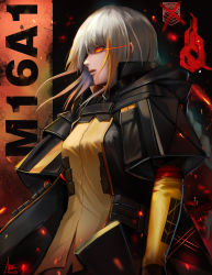 Rule 34 | 1girl, assault rifle, blonde hair, braid, breasts, cape, capelet, character name, corruption, elbow gloves, eyepatch, floating hair, girls&#039; frontline, gloves, glowing, glowing eyes, gun, high collar, highres, holding, jacket, light particles, long hair, looking down, m16, m16a1, m16a1 (boss) (girls&#039; frontline), m16a1 (girls&#039; frontline), mole, mole under eye, multicolored hair, necktie, open mouth, orange eyes, rifle, sangvis ferri, scar, shirt, signature, solo, spoilers, streaked hair, untucked shirt, weapon, white hair, x-kulon, yellow shirt