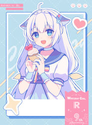 Rule 34 | 1girl, :d, ahoge, animal ears, anniversary, black sailor collar, blue background, blue eyes, braid, choker, claxton (warship girls r), collarbone, commentary request, cupcake, dress, food, grey hair, hands up, hasu (velicia), heart, highres, holding, holding food, long hair, looking at viewer, open mouth, outline, puffy short sleeves, puffy sleeves, sailor collar, sailor dress, short sleeves, smile, solo, upper body, very long hair, warship girls r, white choker, white dress, white outline, wrist cuffs