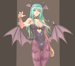 Rule 34 | 1girl, abs, animal print, aqua hair, bare shoulders, bat (animal), bat print, bat wings, belt, breasts, capcom, choker, cleavage, clothing cutout, collar, delta5546, demon girl, elbow gloves, fingerless gloves, fingernails, gloves, green eyes, head wings, heart, heart cutout, highres, large breasts, leotard, long fingernails, long hair, looking at viewer, low wings, morrigan aensland, nail polish, outstretched hand, pantyhose, print pantyhose, shiny clothes, skin tight, solo, standing, thigh gap, thighs, vampire (game), wings