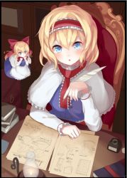 Rule 34 | 1girl, alice margatroid, apron, blonde hair, blue eyes, blush, book, book stack, border, capelet, doll, dress, from above, hair ribbon, hairband, igayan, long sleeves, looking at viewer, open mouth, ribbon, shanghai doll, short hair, sitting, solo, table, touhou, upper body, waist apron