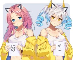 Rule 34 | 2girls, absurdres, ahoge, animal ears, aoi 13, blue eyes, blue hair, blush, breasts, cat ears, cleavage, closed mouth, collarbone, commentary, crop top, drill hair, fake animal ears, grey background, hair between eyes, hair ribbon, highres, holding, holding paper, jacket, long hair, looking at viewer, medium breasts, medium hair, midriff, multiple girls, navel, off shoulder, open clothes, open jacket, original, paper, parted bangs, pink hair, ribbon, silver hair, simple background, sleeveless, smile, tank top, translated, twin drills, upper body, white tank top, yellow eyes, yellow jacket, yellow ribbon